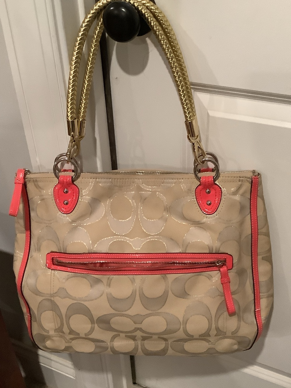 Coach Beige Signature Tote with Coral Trim and Gold Braided Handles